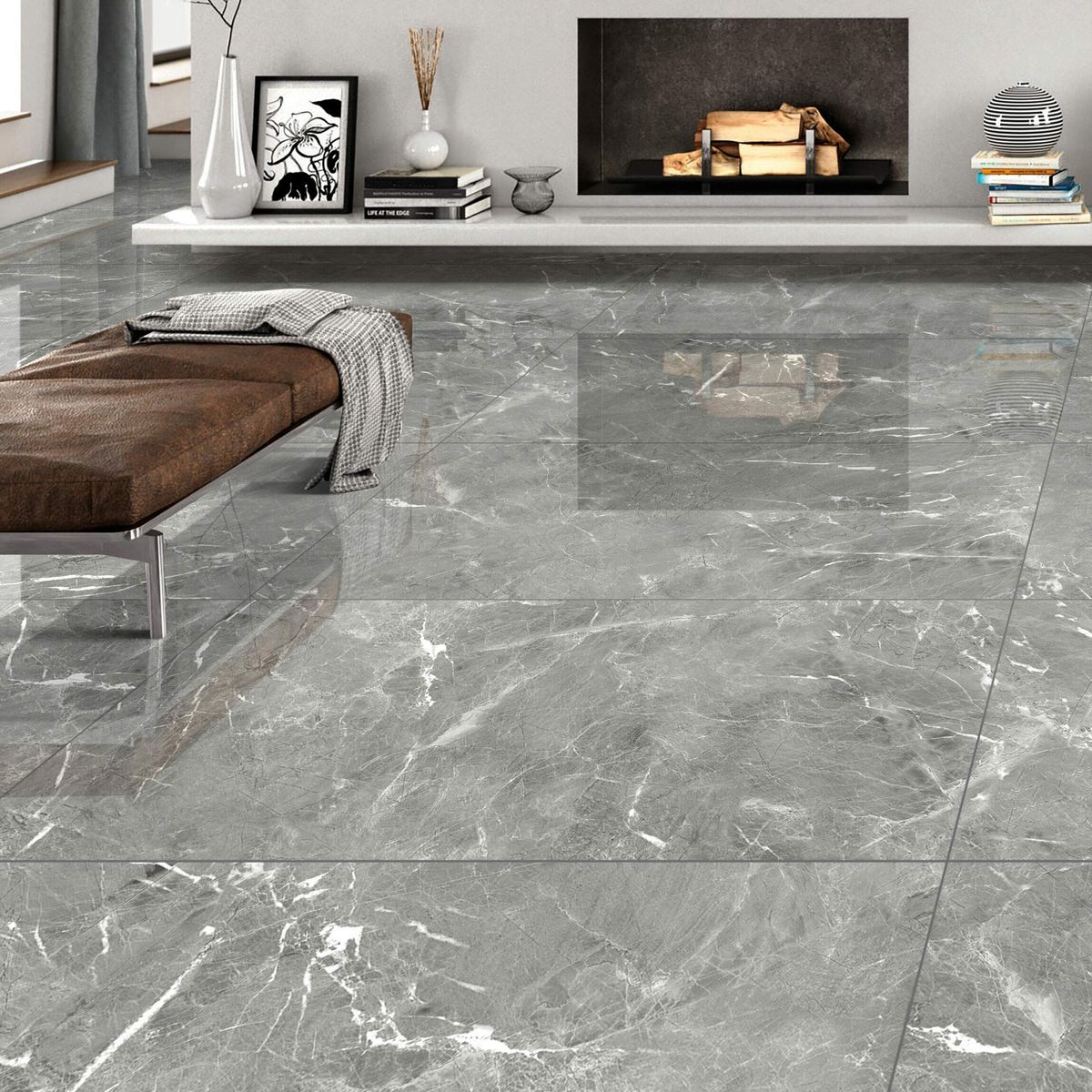 Sample - Makrana Breccia Grey Polished Marble Effect Tile 600x1200