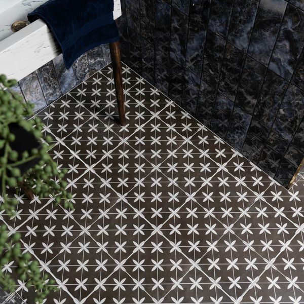 Poole Black Matt Patterned Floor Tiles 450x450