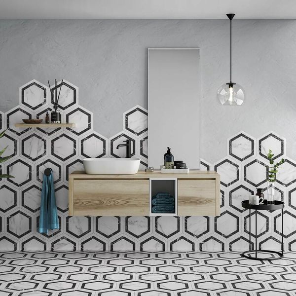 Venato Hexagon Dark Grey Marble Effect Tile