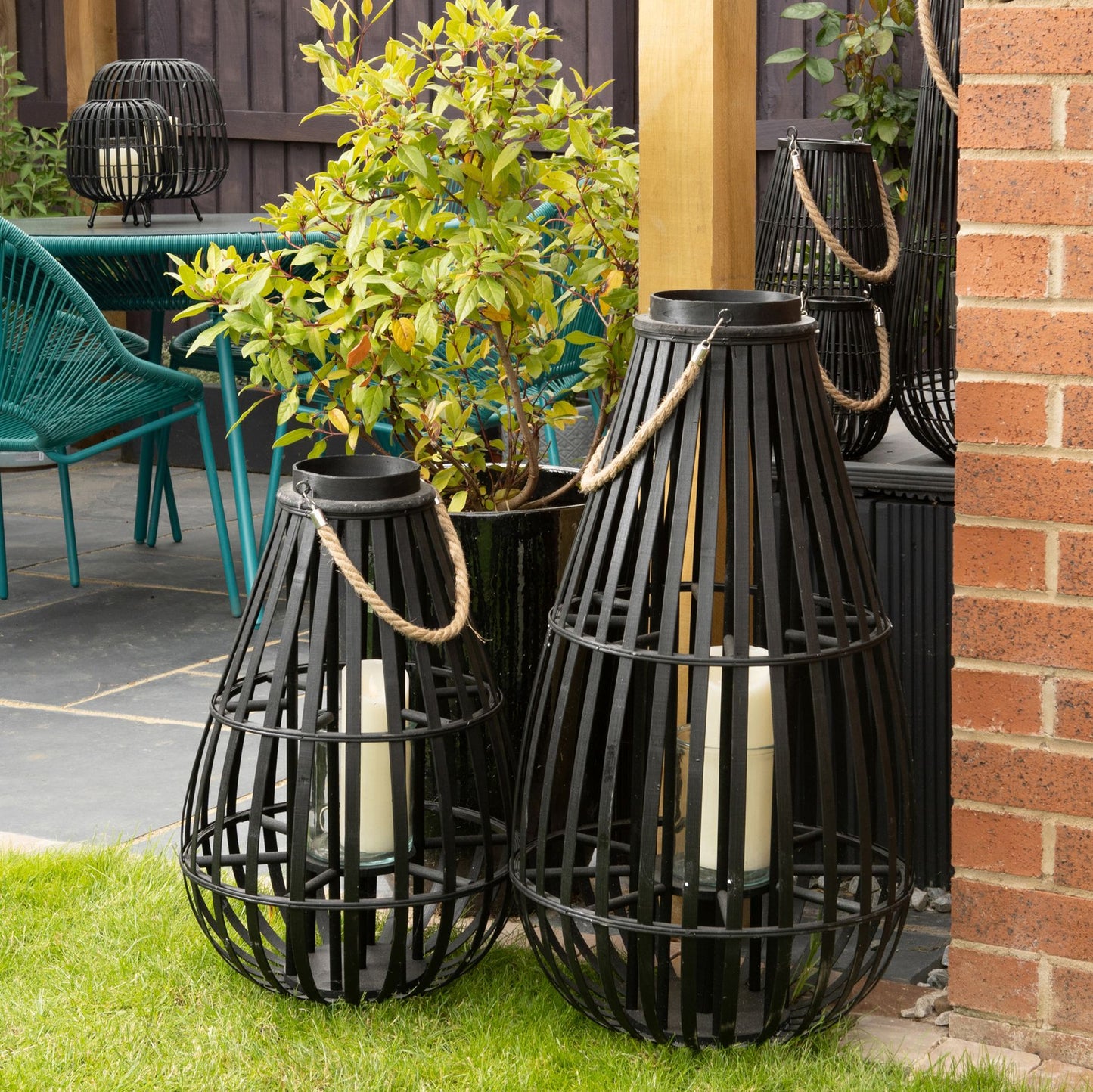 Floor Standing Domed Wicker Lantern With Rope Detail