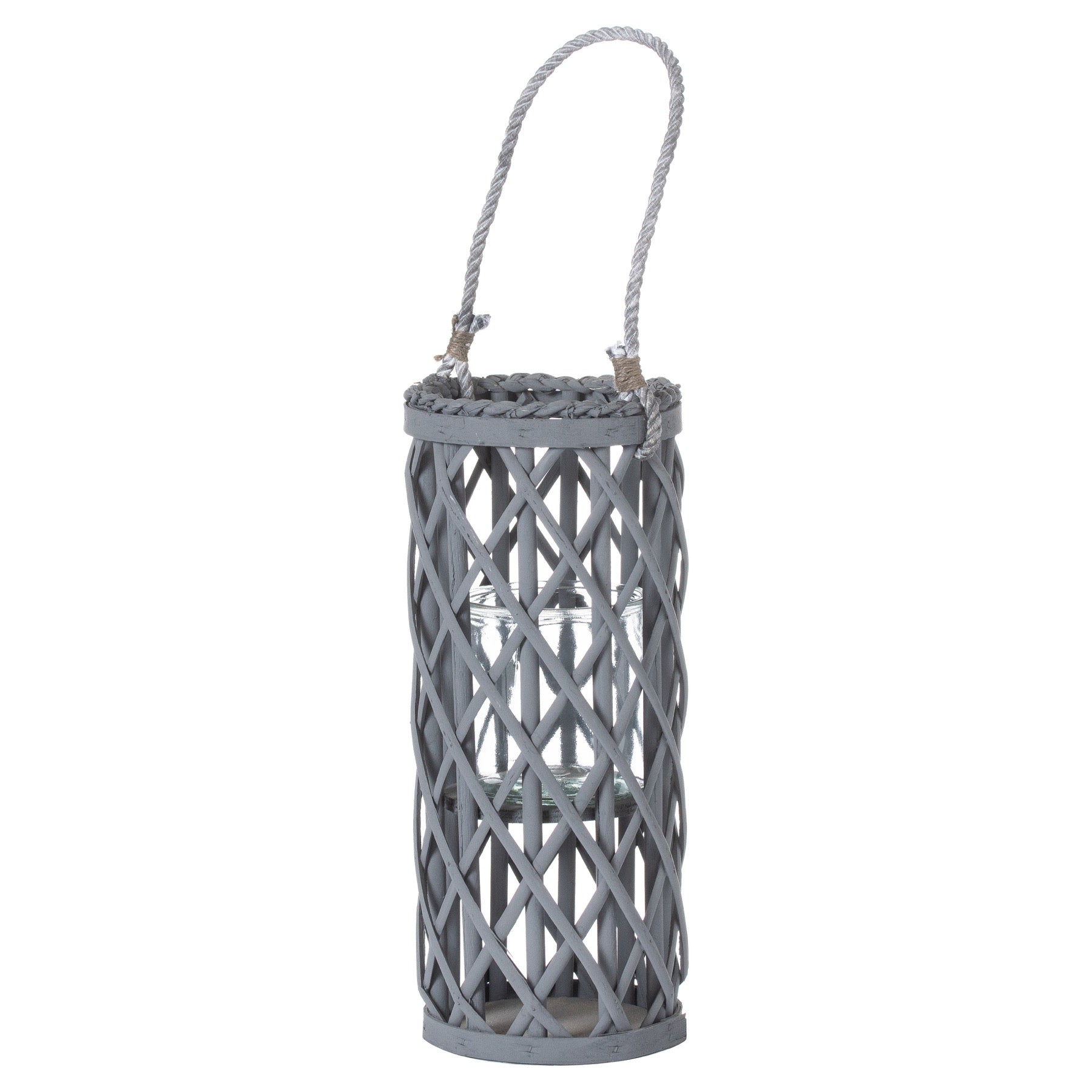 Small Grey Wicker Lantern With Glass Hurricane