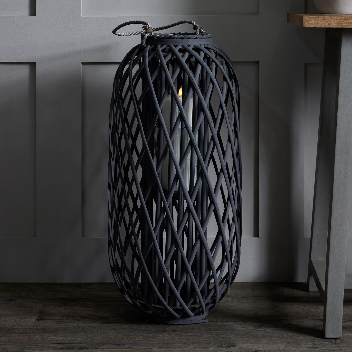 Large Grey Standing Wicker Lantern