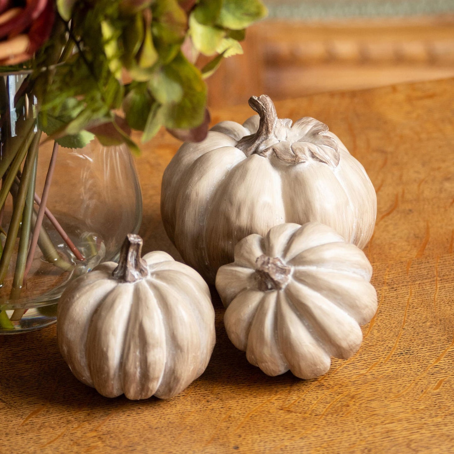 Set Of Six Carved Wood Effect Pumpkins