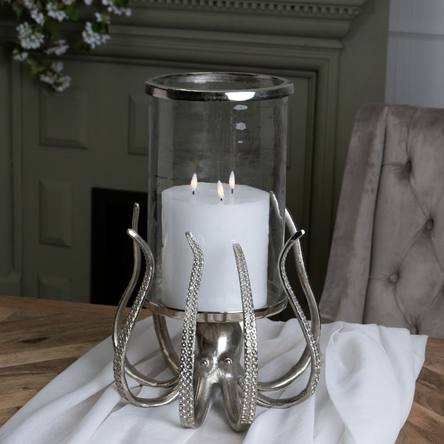 Large Silver Octopus Candle Hurricane Lantern