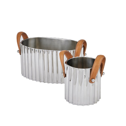 Large Silver Fluted Leather Handled Champagne Cooler