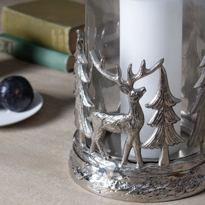 Silver Stag Scene Hurricane Lantern