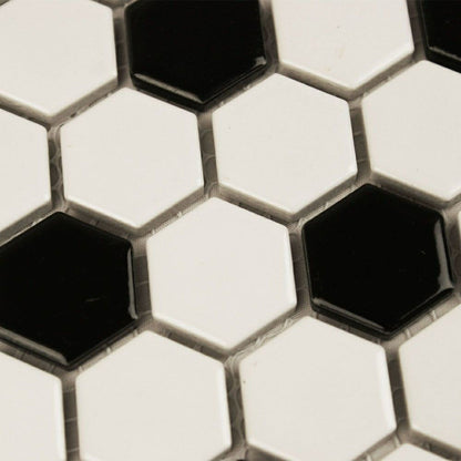 Pixel Chequer Hexagon White & Black Matt 23x23