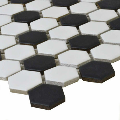 Pixel Chequer Hexagon White & Black Matt 23x23