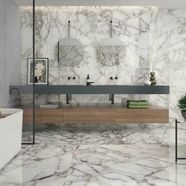 Sample - Luxglass Rain Arabescato pearl Marble Effect Tile