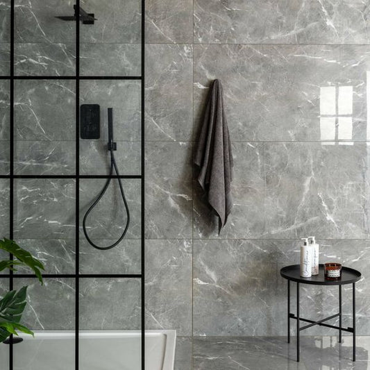 Sample - Makrana Breccia Grey Polished Marble Effect Tile 300x600