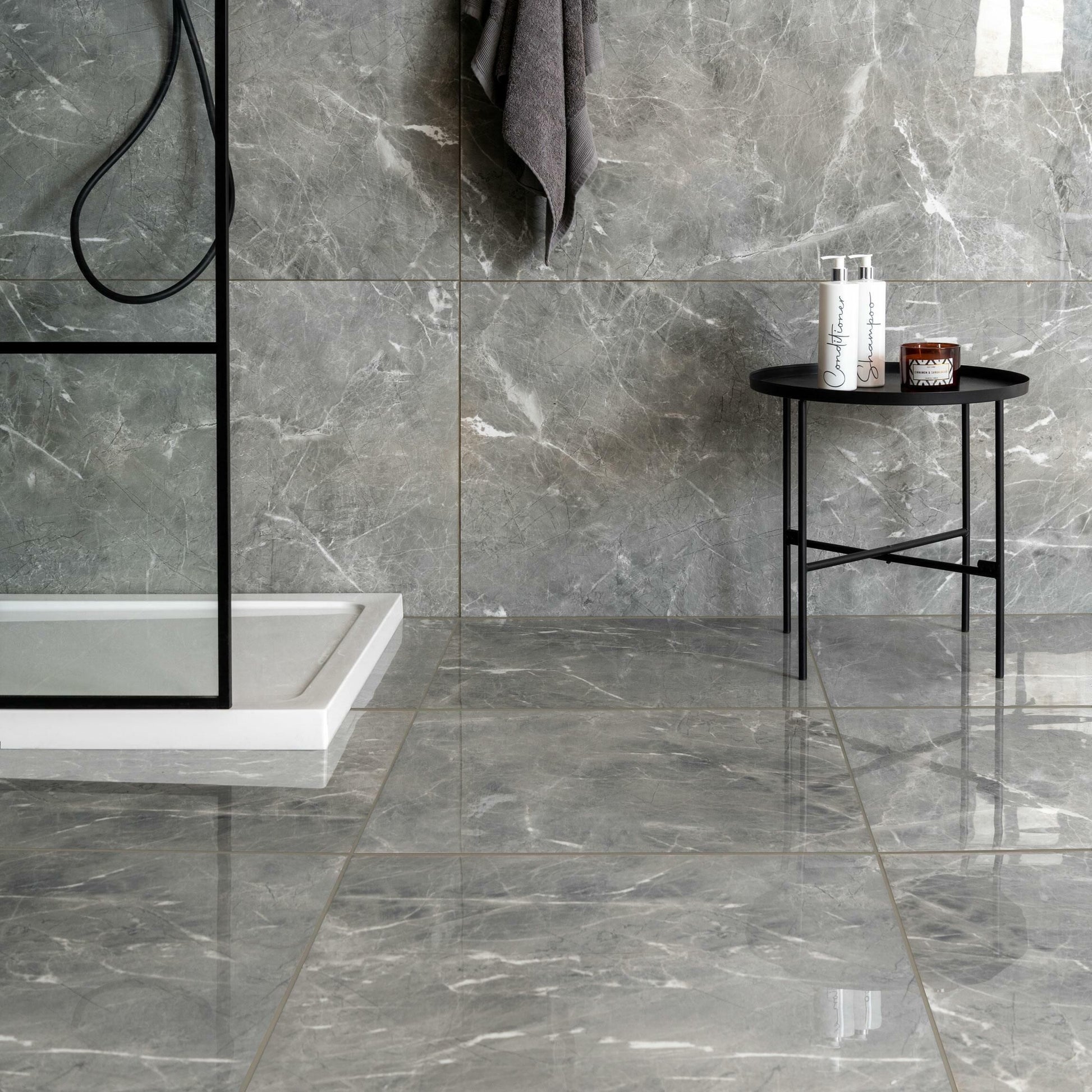 Makrana Breccia Grey Polished Marble Effect Tile 600x600